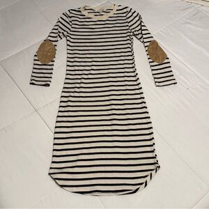 Monteau Los Angeles Navy & Cream Striped Knit Dress w/ Elbow Patches | Fitted S
